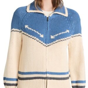 THE GREAT. Blue and Cream Cardigan Sweater